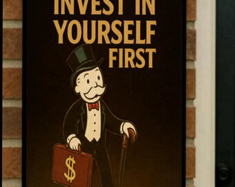 Könnte beinhalten: Ein gerahmtes Poster mit dem Text "INVESTIERE ZUERST IN DICH SELBST" in goldfarbenen Buchstaben. Das Bild zeigt eine Cartoonfigur im Anzug, die einen Aktenkoffer mit Dollarzeichen und einen Gehstock hält.