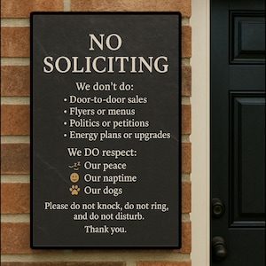 Modern No Soliciting Sign: Black & Beige, Weather-Resistant