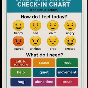K&ouml;nnte beinhalten: Eine t&auml;gliche emotionale Check-in-Tabelle f&uuml;r Kinder und Erwachsene. Die Tabelle hat einen t&uuml;rkisfarbenen Hintergrund mit dem Titel und den Aufforderungen. Sie enth&auml;lt Emojis, die Gef&uuml;hle wie gl&uuml;cklich, traurig und w&uuml;tend darstellen, sowie Bed&uuml;rfnisse wie Raum und Ruhe.