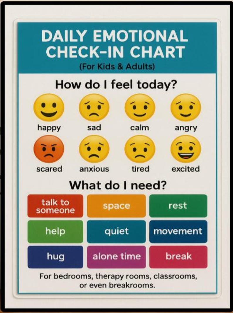 K&ouml;nnte beinhalten: Eine t&auml;gliche emotionale Check-in-Tabelle f&uuml;r Kinder und Erwachsene. Die Tabelle hat einen t&uuml;rkisfarbenen Hintergrund mit dem Titel und den Aufforderungen. Sie enth&auml;lt Emojis, die Gef&uuml;hle wie gl&uuml;cklich, traurig und w&uuml;tend darstellen, sowie Bed&uuml;rfnisse wie Raum und Ruhe.