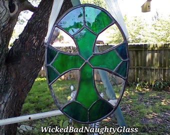 WBN Green & Blue Tiffany Style Gothic Cross Window Suncatcher