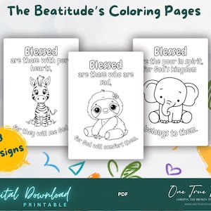 May include: Digital printable coloring pages featuring the Beatitudes. The image shows three coloring pages with cute animal illustrations: a zebra, a sloth, and an elephant. Each page has a Bible verse. The words "8 Designs" are in a yellow circle.