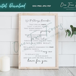 Siempre recordaremos el poema funerario de papá SVG Png Jpg, Pdf, silueta, Cricut, pérdida de svg religioso luto en nuestros corazones