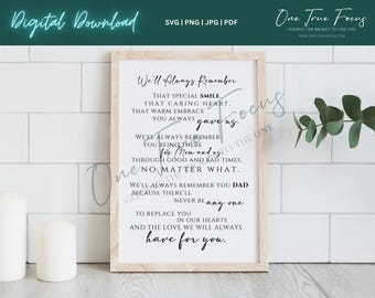 We'll We Will Always Remember Dad Funeral Poem SVG Png Jpg, Pdf, Silhouette, Cricut, Religious Svg Loss Mourning Grieve In Our Hearts
