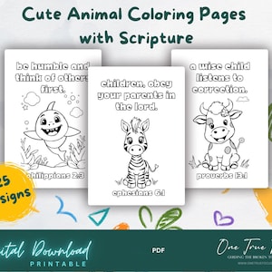 May include: Digital download of printable coloring pages featuring cute animals and scripture verses. The pages include a shark, zebra, and cow, with text like "be humble and think of others first." The design includes 25 designs.