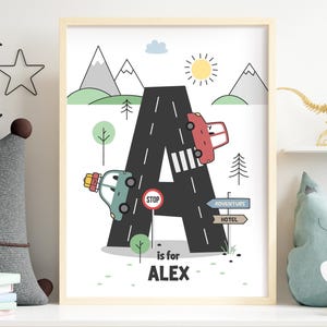 Impresión inicial, impresión del alfabeto de Cars Road, impresión personalizada para guardería, impresión de monograma, impresión con nombre de bebé, arte de pared con letras, impresión con nombre de niño