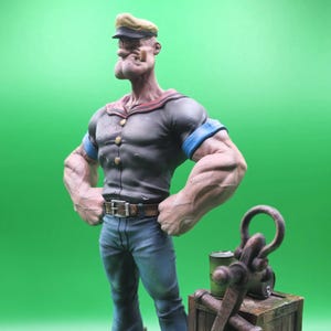 Figura de Popeye de estilo vintage: estatua de 25 cm pintada a mano e impresa en 3D con ancla y latas de espinacas. Colección clásica de dibujos animados.