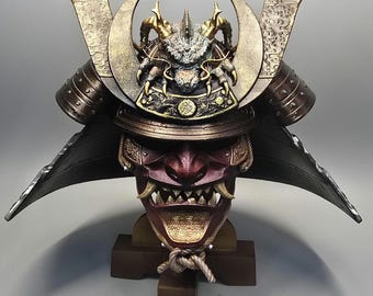 Casco de samurái Kabuto, máscara de shogun, impresión 3D, decoración japonesa, escultura artística pintada a mano, regalo