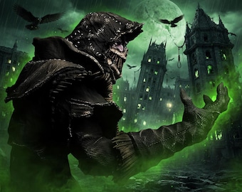 Lámina artística de espantapájaros oscuro al estilo Gotham, decoración de pared de villano de terror gótico, fantasía nocturna en la ciudad lluviosa