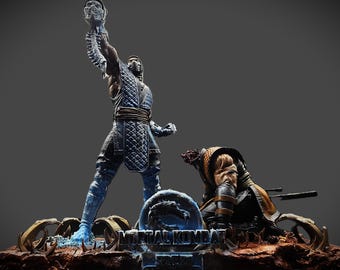 Diorama de duelo ninja • Escena de guerrero de hielo y llama • Regalo único para coleccionistas