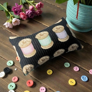 Needle Sharpening Pincushion filled with Emery Sand | Colorful Threads on Black 2"x3" Rectangular, Handmade in the USA