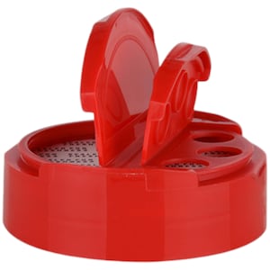 May include: Red plastic spice jar lid with a flip-top opening and a small hole for dispensing spices.