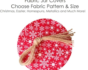 12 pcs Snowflakes on Red Fabric Jar Covers with hemp twine - Christmas, Homespun, Pastels, Easter, Farm Cottage Style