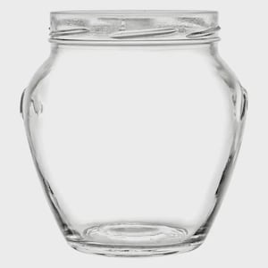 May include: A clear glass jar with a wide mouth and a screw-on lid. The jar has a rounded body and two small, decorative handles on the sides. The jar is empty and sits against a plain background.