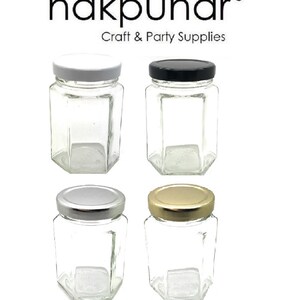 12 pcs 6 oz (190 ml) Glass Hexagon Jar with your color Choice of Plastisol Lined BPA Free Lid: Gold Silver WhiteBlack