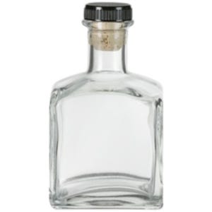 May include: A clear glass bottle with a square body and a black plastic lid. The bottle has a cork stopper.