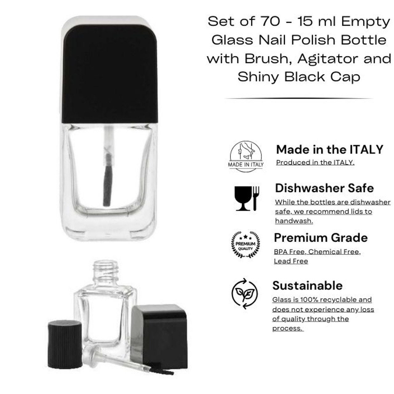 Nakpunar 70 pcs 15 ml Empty Glass Nail Polish Bottles with Brush Cap and Mixing Aerator ball (70 Bottles)