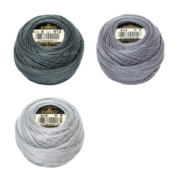 DMC Gray Perle Cotton Thread Size 8, 415, 414, 413