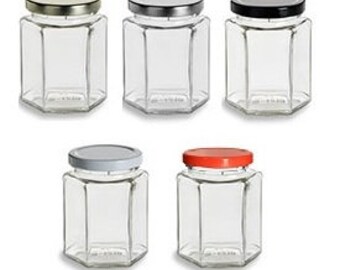 Nakpunar 12 Pcs 9 Oz Large Hexagon Glass with Color choice of Lid: Black Red White Gold & Silver Storage and Organization