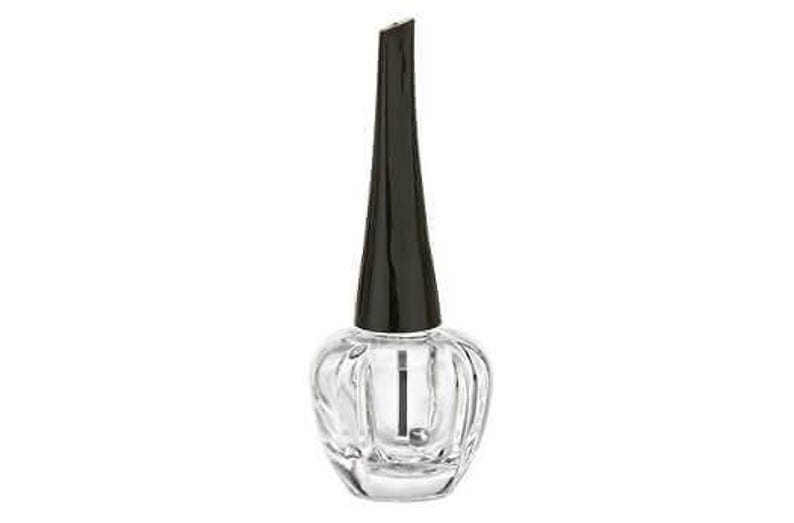 May include: A clear glass bottle with a black cap and a silver applicator. The bottle has a textured, ribbed design.