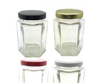 12 pots hexagonaux en verre de 9 oz (270 ml) avec votre choix de couleur de couvercle sans BPA doublé de Plastisol : or blanc noir rouge