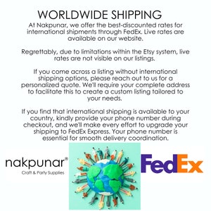 May include: Worldwide shipping information for international orders. The text mentions offering discounted rates for international shipments through FedEx. A globe surrounded by small figures is shown with the FedEx logo in the bottom right corner.