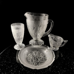 Vintage Iris and Herringbone Glass Set Jeannette Depression Glass Pitcher Tumblers Creamer Plate Clear Pressed Glass 1920s 1930s Art Deco
