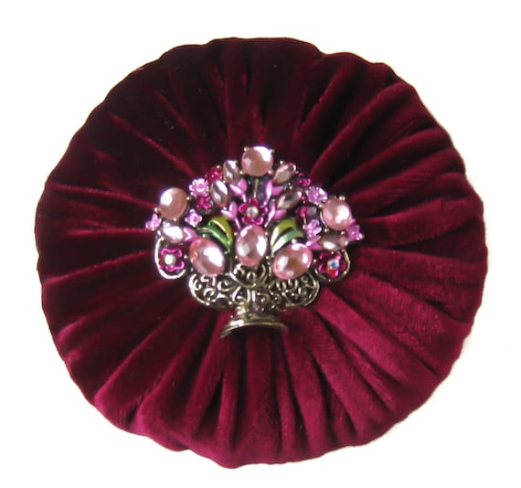 Large Burgundy Pincushion for Sewing filled with Abrasive Emery Sand