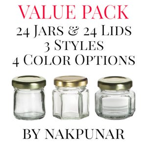 May include: A value pack of 24 glass jars and 24 lids in three styles and four color options. The jars are clear glass and the lids are gold. The jars are in three different shapes: round, hexagonal, and square.