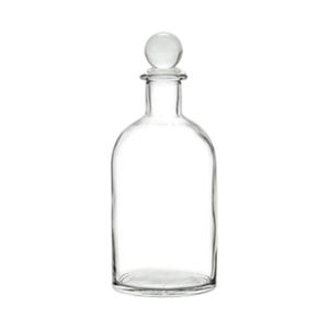 May include: A clear glass bottle with a rounded body and a narrow neck. The bottle is topped with a clear, spherical stopper. The design is simple and elegant, suitable for storing liquids or as a decorative piece.