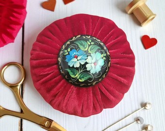 OOAK Red Velvet Needle Sharpening Pincushion filled with 1 lb Emery Sand with Hand Painted Vintage Russian Ukrainian Floral Lacquered Brooch
