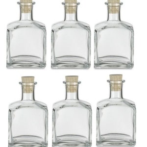 6 pcs Clear Square Glass Bottle with Cork 7.0 oz (210ml) Storage and Organization