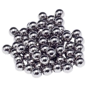 May include: A large pile of silver-colored steel ball bearings.