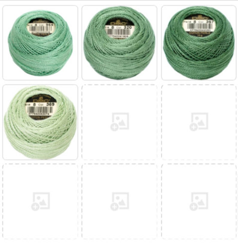 May include: A collection of four spools of DMC Cotton Perle thread in various shades of green. Each spool is labeled with a color number and barcode. The thread is tightly wound, showcasing its texture and color variations.