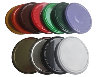 May include: Assortment of 10 round metal jar lids in various colours, including gold, brown, red, green, purple, silver, black, and white.