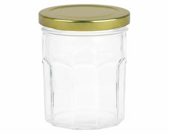 12 pcs 5 oz Beveled Glass Jars with Plastisol Lined Lid in your color choice. French Bonne Maman inspired jelly, jam jars, hold 8 oz Honey