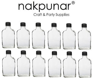 12 pcs, 12 fl oz Glass Flask Bottles with Black or Gold Tamper Evident Caps - 375 ml - Storage and Organization