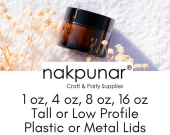 Nakpunar Amber Plastic Jars with Lids 1 oz 4 oz 8 oz 16 oz  White Gold Black Transparent Lids - Made in the USA