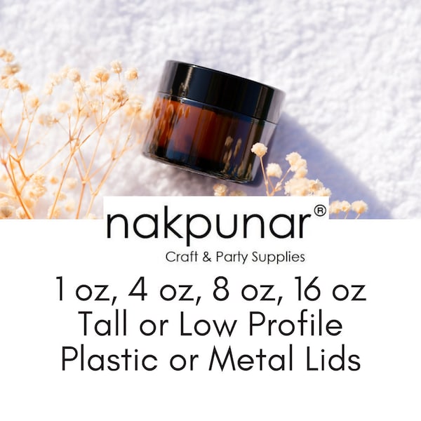 Nakpunar Amber Plastic Jars with Lids 1 oz 4 oz 8 oz 16 oz  White Gold Black Transparent Lids - Made in the USA