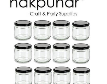 Nakpunar 12 pcs 12 oz Glass Salsa Jars with Black Lid Storage and Organization