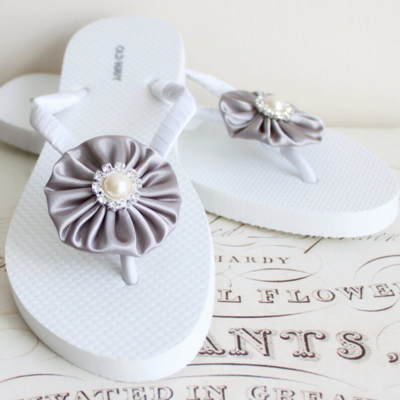Moonlight Wedding Flip Flops Gray satin with Rhinestone and Pearls