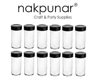 Nakpunar 12 pcs Glass Spice Jars with Shaker Sifter and Stackable Black Lids 4 oz Storage and Organization