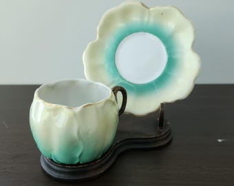 Juego de taza y platillo vintage japonés, verde degradado, asa dorada, estilo rústico, juego de té - Asa pegada - década de 1940