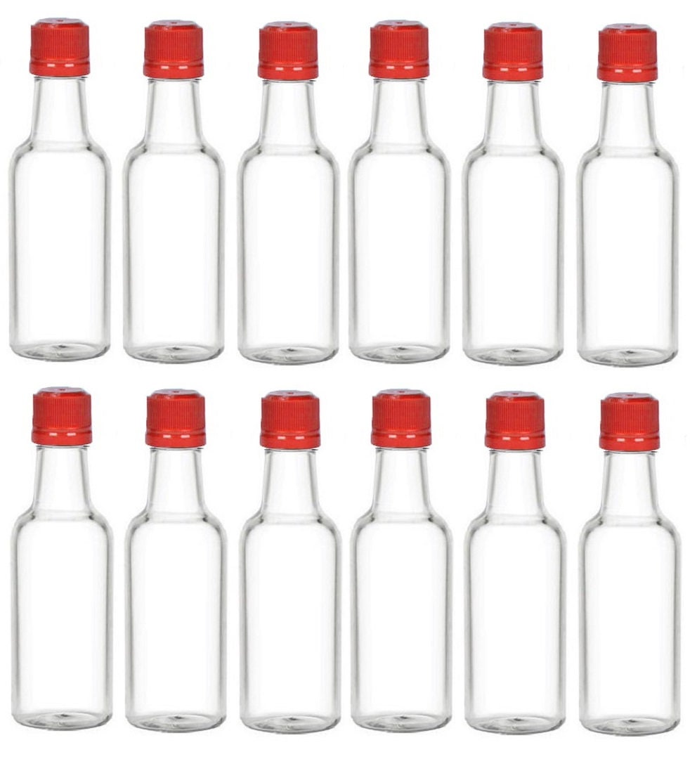 SOLSTM Lot de 24 mini bouteilles d'alcool en plastique robuste de 50 ml  avec couvercles (bouchons à vis noirs) réutilisables avec entonnoir, pour