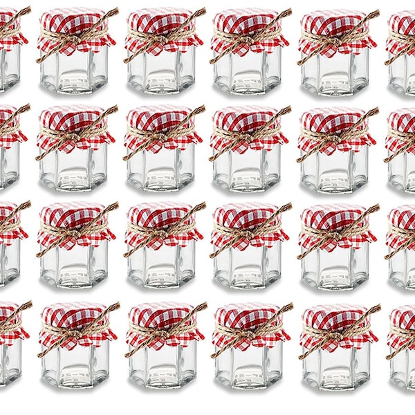 24 Hexagon Glass Jars with Red and White Gingham Fabric Jar Covers and Twines