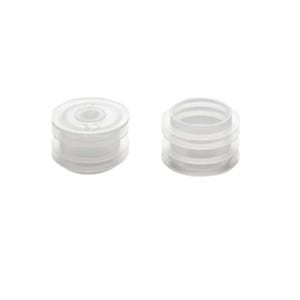 May include: Two white plastic bottle stoppers with a ridged design.