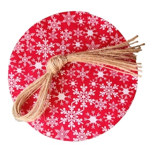 12 pcs Snowflakes on Red Fabric Jar Covers with hemp twine