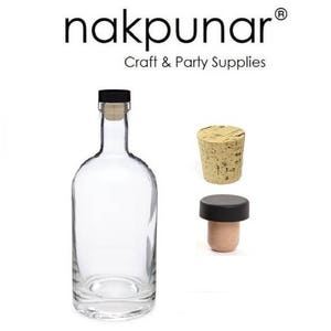 K&ouml;nnte beinhalten: Eine klare Glasflasche mit schwarzem Verschluss und Korken, zusammen mit zwei Korken. Das Bild enth&auml;lt den Text "nakpunar Craft & Party Supplies".