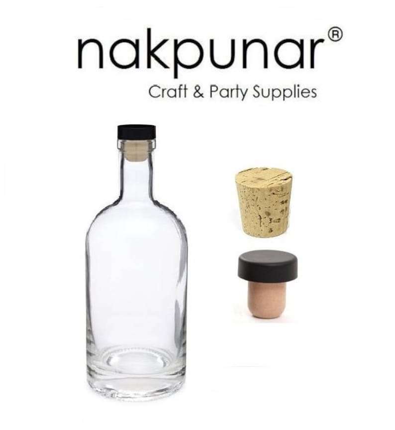 K&ouml;nnte beinhalten: Eine klare Glasflasche mit schwarzem Verschluss und Korken, zusammen mit zwei Korken. Das Bild enth&auml;lt den Text "nakpunar Craft & Party Supplies".