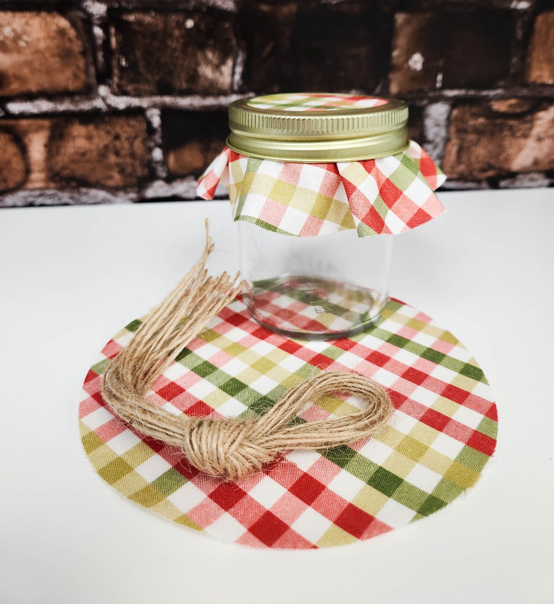 Red and Green Gingham Fabric Jar Covers With Hemp Twine Ties Etsy